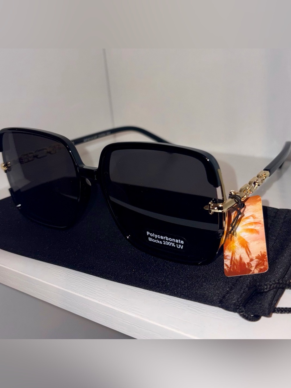 NEW Woman’s Black Oversized Square Sunglasses with Gold Accents